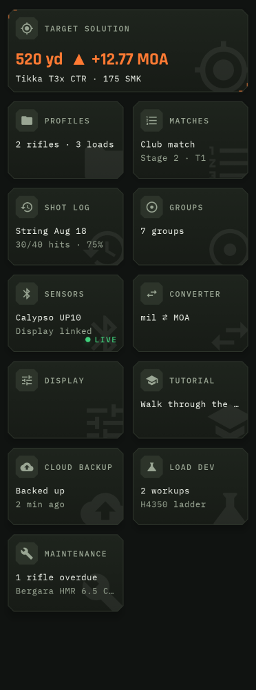 The home screen: tiles for the target solution, profiles, matches, shot log, groups, sensors, load development and maintenance.