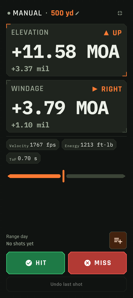 The range screen at 500 yards: elevation 11.58 MOA up and windage 3.79 MOA right, with hit and miss buttons.